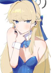 Rule 34 | 1girl, animal ears, bare shoulders, blonde hair, blue archive, blue bow, blue bowtie, blue eyes, blue leotard, blush, bow, bowtie, braid, breasts, cleavage, detached collar, fingernails, french braid, hair bow, hair intakes, halo, headset, highres, leotard, light smile, long hair, medium breasts, nail polish, nechigae otaku, official alternate costume, photoshop (medium), playboy bunny, rabbit ears, simple background, solo, toki (blue archive), toki (bunny) (blue archive), upper body, v, very long hair, white background, wrist cuffs