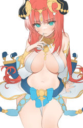 Rule 34 | 1girl, absurdres, arabian clothes, blue eyes, blue veil, breasts, dancer, genshin impact, harem outfit, highres, horns, jewelry, large breasts, long hair, looking at viewer, navel, neck ring, nilou (genshin impact), piyo (pixiv 2308057), red hair, simple background, solo, veil, white headdress