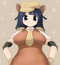 Rule 34 | 1girl, armadillo ears, black eyes, black hair, blunt bangs, blush, breasts, brown background, brown hat, brown necktie, cabbie hat, closed mouth, commentary request, elbow gloves, emphasis lines, giant armadillo (kemono friends), gloves, hat, highres, kemono friends, large breasts, lets0020, long hair, looking at viewer, medium bangs, necktie, simple background, smile, solo, sparkle, split mouth, upper body, v-shaped eyebrows