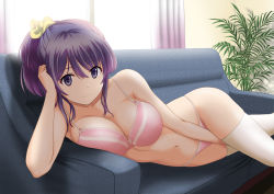Rule 34 | 1girl, bra, breasts, cleavage, commentary request, couch, curtains, day, feet out of frame, fern, hair ribbon, highres, indoors, large breasts, lying, on couch, on side, original, panties, pink bra, pink panties, ponytail, purple eyes, purple hair, ribbon, satou chagashi, smile, solo, thighhighs, underwear, underwear only, white thighhighs, window, yellow ribbon