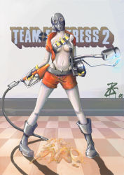Rule 34 | 1girl, blouse, boots, breasts, checkered floor, explosive, flamethrower, gas mask, gender request, genderswap, gloves, grenade, khornez, mask, medium breasts, open clothes, open shirt, pyro (tf2), red pyro (tf2), red shirt, shirt, solo, team fortress 2, underboob, valve, weapon