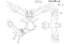 Rule 34 | absurdres, aquilamon, bird, character sheet, digimon, digimon (creature), digimon adventure 02, flying, full body, highres, horns, looking at viewer, looking to the side, monochrome, multiple views, official art, scan, solo, translation request