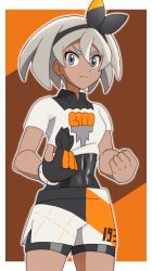Rule 34 | 1girl, abs, barefoot, bea (pokemon), black bodysuit, bodysuit, bodysuit under clothes, bow, breasts, clenched hands, collared shirt, covered navel, creatures (company), dark-skinned female, dark skin, feet, female focus, fighting stance, game freak, gloves, grey eyes, hair between eyes, hair bow, hair ornament, hair ribbon, legs, looking at viewer, matching hair/eyes, medium hair, muscular, muscular female, neck, nintendo, onomekaman, pokemon, pokemon swsh, print shirt, print shorts, ribbon, serious, shirt, short shorts, short sleeves, shorts, sidelocks, silver hair, single glove, small breasts, standing, thighs, tied shirt, v-shaped eyebrows
