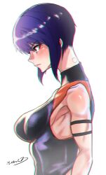 Rule 34 | 1girl, absurdres, artist request, bare shoulders, blue eyes, blush, bodysuit, breasts, ghost in the shell, ghost in the shell: sac 2045, highres, kusanagi motoko, large breasts, lips, looking at viewer, looking to the side, medium hair, purple hair, shiny clothes, shiny skin, signature, simple background, solo, white background
