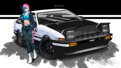 Rule 34 | 1girl, black gloves, black jacket, blue hair, blue sports bra, boots, breasts, car, colored tips, commentary, english commentary, fingerless gloves, fujiwara takumi&#039;s toyota trueno ae86, gloves, highres, imrinzlergtz art, initial d, jacket, katana, long hair, looking at viewer, medium breasts, midriff, motor vehicle, multicolored hair, navel, original, pink hair, shadow, signature, smile, solo, sports bra, sword, toyota, toyota sprinter trueno, twitter username, vehicle focus, weapon, weapon on back, white footwear