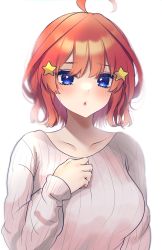 Rule 34 | 1girl, :o, absurdres, ahoge, alternate hair length, alternate hairstyle, blue eyes, blush, breasts, collarbone, go-toubun no hanayome, hair ornament, hand on own chest, highres, kurosaki coco, large breasts, long sleeves, nakano itsuki, parted lips, red hair, short hair, simple background, solo, star (symbol), star hair ornament, sweater, upper body, white background, white sweater