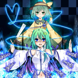 Rule 34 | 2girls, blouse, blue eyes, blue flower, blue rose, bow, checkered background, danmaku, detached sleeves, empty eyes, female focus, flower, frog, glowing, gohei, green eyes, green hair, hair ornament, hat, hat ribbon, heart, heart of string, highres, kochiya sanae, komeiji koishi, lace, long hair, midriff, mind control, multiple girls, navel, no nose, ofuda, open mouth, our turf, outstretched arms, ribbon, rose, shirt, siva2justice, smile, snake, spread arms, third eye, touhou