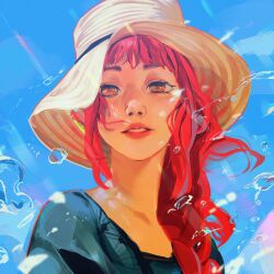 Rule 34 | black dress, blue sky, braid, braided ponytail, chainsaw man, day, dress, hat, long hair, looking at viewer, makima (chainsaw man), parted lips, pluvium grandis, red hair, ringed eyes, sky, solo, splashing, sun hat, water, yellow eyes