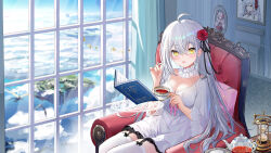 Rule 34 | 1girl, :o, ahoge, armchair, black bow, black ribbon, blue sky, blush, book, bow, bow legwear, braid, breasts, chair, choker, cleavage, cloud, cowboy shot, cup, curtains, drawing (object), dress, febee, fish, floating island, flower, flying fish, frilled choker, frills, glass teapot, hair flower, hair ornament, hair ribbon, highres, holding, holding cup, hourglass, indie virtual youtuber, indoors, lace, lace-trimmed dress, lace trim, large breasts, long hair, magic circle, neckerchief, on chair, open book, picture frame, pink ribbon, plate, reading, red flower, red rose, ribbon, rose, short sleeves, side braid, sitting, sky, solo, tea, teapot, thigh strap, thighhighs, v-neck, virtual youtuber, white choker, white dress, white hair, white thighhighs, window, yellow eyes, yukizawa xueze