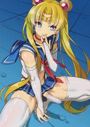 Rule 34 | 1boy, bishoujo senshi sailor moon, blonde hair, blue eyes, blue sailor collar, blue skirt, bridal gauntlets, choker, closed mouth, condom, condom on penis, crescent, crescent earrings, derivative work, double bun, earrings, erection, genderswap, genderswap (ftm), hair bun, has bad revision, has censored revision, highres, husun wei, jewelry, long hair, male focus, md5 mismatch, meme, no shoes, penis, red choker, resolution mismatch, sailor collar, sailor moon, sailor moon redraw challenge (meme), sailor senshi uniform, skirt, solo, source smaller, thighhighs, tiara, tile floor, tiles, tongue, tongue out, trap, tsukino usagi, twintails, white thighhighs