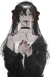 Rule 34 | 1girl, absurdres, bare shoulders, black choker, black hair, black jacket, black lips, blood, blood from mouth, blood on face, blood on hands, choker, collarbone, dress, dripping, flat chest, grey eyes, guro, hair between eyes, hair over one eye, heart, heart (organ), highres, holding, holding heart, jacket, long hair, looking at viewer, mabelmine, off shoulder, open mouth, original, simple background, solo, teeth, twintails, upper body, white background, white dress