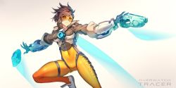 Rule 34 | 1girl, bodysuit, bomber jacket, brown eyes, brown hair, gloves, goggles, jacket, overwatch, overwatch 1, short hair, solo, spiked hair, tracer (overwatch), weapon, yoshimoto (dear life)