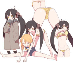 Rule 34 | 10s, 2girls, animal print, ass, assisted stretching, back, bare legs, bare shoulders, barefoot, bikini, black hair, blush, child, clothes lift, coat, cropped legs, doremi, closed eyes, flat chest, highres, idolmaster, idolmaster cinderella girls, leopard print, long hair, matoba risa, multiple girls, multiple views, name tag, navel, one-piece swimsuit, open mouth, orange hair, oversized clothes, scarf, school swimsuit, shirt lift, short hair, sitting, sleeves past wrists, smile, soles, spread legs, stretching, swimsuit, twintails, yellow eyes, yuuki haru
