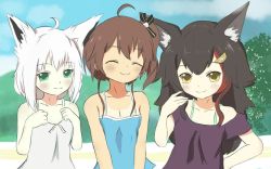 Rule 34 | 3girls, ^ ^, aged down, bare shoulders, blue shirt, blush, breasts, cat hair ornament, child, cleavage, closed eyes, cloud, cloudy sky, drawfag, hair ornament, hands on own chest, hololive, looking at viewer, multiple girls, natsuiro matsuri, ookami mio, outdoors, pale skin, parody, resolution mismatch, shirakami fubuki, shirt, shoujo ramune, sky, smile, smug, source larger, source request, strap, tan, tanline, third-party source, virtual youtuber, white shirt, yellow eyes