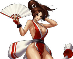 Rule 34 | 1girl, breasts, brown eyes, brown hair, fatal fury, female focus, hand fan, large breasts, ogura eisuke, ponytail, shiranui mai, side slit, sideboob, simple background, smile, snk, solo, the king of fighters, white background