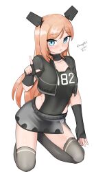 Rule 34 | 1girl, absurdres, aqua eyes, black gloves, black jacket, black one-piece swimsuit, clothes writing, cropped jacket, fingerless gloves, gloves, grey skirt, grey thighhighs, headgear, highres, jacket, kantai collection, kneeling, long hair, looking at viewer, maru (marg0613), one-hour drawing challenge, one-piece swimsuit, orange hair, salmon (kancolle), simple background, skirt, solo, swimsuit, thighhighs, white background