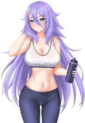 Rule 34 | 1girl, absurdres, black pants, blue eyes, bottle, breasts, closed mouth, collarbone, covered erect nipples, cowboy shot, hair between eyes, hand in own hair, highres, holding, holding bottle, large breasts, littlechim, long hair, midriff, navel, original, pants, purple hair, solo, sports bra, white sports bra