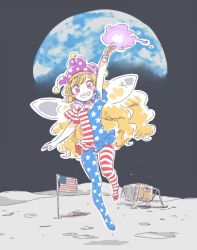 Rule 34 | 1girl, american flag, american flag dress, american flag legwear, blonde hair, clownpiece, earth (planet), fairy wings, grin, hat, jester cap, long hair, looking at viewer, lunar module, mitsumoto jouji, moon, on moon, pantyhose, planet, red eyes, short sleeves, smile, solo, space, torch, touhou, wings
