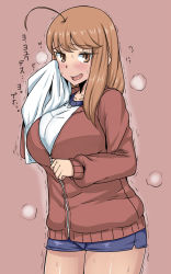 Rule 34 | 1girl, ahoge, blush, breasts, brown eyes, brown hair, gym shorts, gym uniform, highres, huge breasts, jacket, komusou (jinrikisha), long hair, looking at viewer, matching hair/eyes, motion lines, ooba minori, open mouth, original, red background, shorts, simple background, smile, solo, standing, sweat, track jacket, translation request, trembling