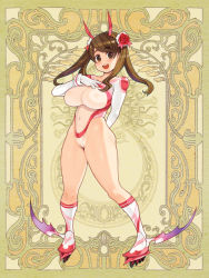 Rule 34 | 1girl, arms behind back, breasts, brown eyes, brown hair, cleft of venus, covered erect nipples, covered navel, full body, highleg, highleg leotard, large breasts, leotard, long hair, looking at viewer, official art, open mouth, pigeon-toed, psychic hearts, roller skates, round teeth, ryoji (nomura ryouji), see-through, skates, solo, swept bangs, teeth, twintails, wings