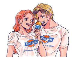 Rule 34 | 1boy, 1girl, blonde hair, bracelet, commentary, curly eyebrows, earrings, eyewear on head, food, hair behind ear, hair over one eye, hatch (8cco), holding, holding food, holding ice cream, ice cream, jewelry, long hair, looking at another, nami (one piece), one piece, orange eyes, orange hair, sanji (one piece), shirt, short hair, simple background, symbol-only commentary, t-shirt, tongue, tongue out, upper body, white background, white shirt