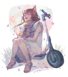Rule 34 | 1girl, absurdres, animal ears, borrowed character, brown hair, cat ears, christon-clivef, closed eyes, commentary, dated, dress, english commentary, flower, grass, highres, holding, holding flower, knees together feet apart, motor vehicle, on scooter, open mouth, original, petals, sandals, scooter, signature, sitting, smile, solo, white dress