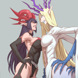 2girls angry belt black_gloves black_leotard black_thighhighs blue_eyes breast_press breasts brown_eyes centauroid center_opening clenched_teeth colored_eyelashes elbow_gloves extra_arms from_side fujii_eishun gloves grey_belt highres horns leotard long_hair long_pointy_ears long_sleeves looking_down looking_up medium_breasts monster_girl multiple_girls multiple_horns navel original pointy_ears sharp_teeth shirt symmetrical_docking taur teeth thighhighs very_long_hair white_shirt