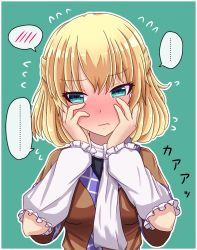 Rule 34 | ..., 1girl, blonde hair, blush, brown shirt, commentary request, embarrassed, fusu (a95101221), green background, green eyes, hair between eyes, hands on own face, highres, mizuhashi parsee, shirt, short hair, solo, speech bubble, touhou, translated, white neckwear, white sleeves
