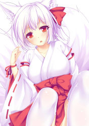 Rule 34 | 1girl, absurdres, akabane, animal ears, bow, fox ears, fox tail, hair bow, hair ribbon, highres, japanese clothes, long hair, looking at viewer, miko, orange eyes, original, parted lips, red ribbon, ribbon, sitting, solo, tail, thighhighs, white hair, white thighhighs, zettai ryouiki