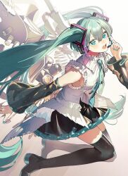 Rule 34 | 1girl, aqua hair, aqua nails, aqua necktie, black footwear, black skirt, black sleeves, blue eyes, blush, boots, commentary, detached sleeves, english commentary, frilled shirt, frills, hatsune miku, highres, light particles, long hair, microphone, nail polish, necktie, nik ibi, open mouth, pleated skirt, see-through, see-through sleeves, shirt, skirt, sleeveless, sleeveless shirt, solo, teeth, thigh boots, twintails, upper teeth only, very long hair, vocaloid, white background, white shirt