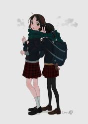 Rule 34 | 2girls, :o, artist name, bad id, bad pixiv id, bag, bag charm, black footwear, black hair, black legwear, brown footwear, brown hair, charm (object), commentary request, from side, full body, green scarf, grey background, hair ornament, hair scrunchie, himaro, hug, hug from behind, jacket, loafers, long hair, long sleeves, looking at another, looking at viewer, looking back, multiple girls, open mouth, original, pantyhose, plaid, plaid skirt, red eyes, scarf, school bag, school uniform, scrunchie, shared clothes, shared scarf, shoes, short hair, short twintails, signature, simple background, skirt, socks, standing, steam, stuffed animal, stuffed toy, teddy bear, twintails, white legwear, yellow eyes, yuri