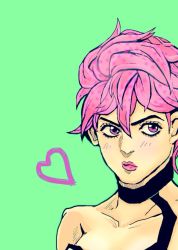 Rule 34 | 1girl, artist request, bad id, bad pixiv id, commentary request, green background, heart, jojo no kimyou na bouken, lipstick, looking away, makeup, pink eyes, pink hair, portrait, solo, trish una, vento aureo