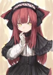 Rule 34 | 1girl, absurdres, animal ears, black capelet, black skirt, capelet, closed mouth, finger to mouth, frilled capelet, frills, hairband, hand up, highres, long hair, long sleeves, looking at viewer, original, piennamekuzi, puffy long sleeves, puffy sleeves, red hair, shirt, sketch, skirt, solo, very long hair, white hairband, white shirt, yellow eyes