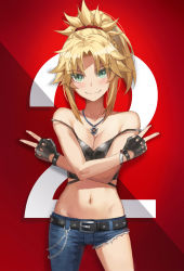 Rule 34 | 1girl, asymmetrical clothes, bare shoulders, blush, breasts, collarbone, double v, fate/apocrypha, fate (series), highres, long hair, looking at viewer, mordred (fate), mordred (fate/apocrypha), navel, parted bangs, red background, single pantsleg, smile, solo, thighs, tonee, v