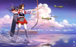 Rule 34 | 10s, 1girl, aircraft, aircraft carrier, airplane, akagi (aircraft carrier), akagi (kancolle), arrow (projectile), bow (weapon), brown hair, closed eyes, dual persona, gloves, highres, historical name connection, imperial japanese navy, japanese clothes, kantai collection, liang xing, long hair, meme, military, military vehicle, muneate, name connection, object namesake, reflection, ship, skirt, thighhighs, warship, watercraft, waterskiing (meme), weapon