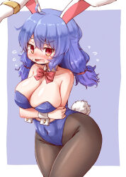 Rule 34 | 1girl, animal ears, arinu, black pantyhose, blue hair, blue leotard, blush, breasts, cleavage, collarbone, commentary request, covered navel, cowboy shot, detached collar, flying sweatdrops, hair between eyes, highres, large breasts, leotard, long hair, open mouth, pantyhose, rabbit ears, rabbit tail, red eyes, seiran (touhou), solo, strapless, strapless leotard, tail, touhou, wrist cuffs