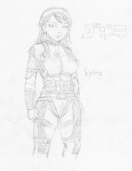 Rule 34 | 1girl, absurdres, bodysuit, breasts, godzilla (series), highres, looking at viewer, medium breasts, military, military uniform, short hair, sketch, spibby, tactical clothes, toho, uniform, yashiro akane