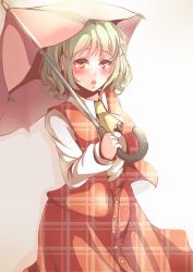 Rule 34 | 1girl, :o, ascot, blush, gradient background, green hair, highres, kanzakietc, kazami yuuka, light particles, long sleeves, looking at viewer, plaid, plaid skirt, plaid vest, red eyes, shadow, short hair, skirt, solo, touhou, umbrella, unmoving pattern, vest
