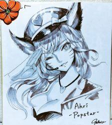 Rule 34 | 1girl, ahri (league of legends), animal ears, bad id, bad pixiv id, bibico, blue theme, breasts, cleavage, female focus, flower, hat, heart, highres, jewelry, league of legends, lips, long hair, looking at viewer, microphone, monochrome, necklace, one eye closed, popstar ahri, portrait, salute, shikishi, slit pupils, smile, solo, traditional media, wink