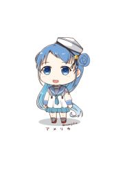 Rule 34 | 1girl, aqua neckerchief, aqua skirt, black ribbon, blue eyes, blue hair, blue sailor collar, chibi, commentary request, cosplay, dixie cup hat, full body, gradient hair, hat, hat ribbon, kantai collection, long hair, long sleeves, mae (maesanpicture), military hat, miniskirt, multicolored hair, navy cross, neckerchief, pleated skirt, ribbon, sailor collar, samidare (kancolle), samuel b. roberts (kancolle), samuel b. roberts (kancolle) (cosplay), school uniform, serafuku, shirt, simple background, skirt, sleeve cuffs, solo, standing, swept bangs, translated, very long hair, white background, white hat, white shirt