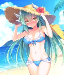 Rule 34 | 1girl, aqua hair, beach, bikini, blue bikini, blush, breasts, chromatic aberration, cleavage, cowboy shot, day, fate/grand order, fate (series), halterneck, hat, hlz, horns, kiyohime (fate), kiyohime (swimsuit lancer) (third ascension) (fate), large breasts, long hair, looking at viewer, navel, ocean, outdoors, shore, smile, solo, standing, stomach, swimsuit, very long hair, yellow eyes
