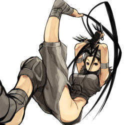Rule 34 | 1girl, ankle wrap, antenna hair, armpits, arms up, bandages, barefoot, between fingers, black hair, breasts, brown eyes, dual wielding, fingerless gloves, gloves, highres, hip vent, holding, ibuki (street fighter), japanese clothes, kunai, large breasts, long hair, looking at viewer, ninja, nishiide kengorou, no panties, solo, street fighter, street fighter iii (series), toes, very long hair, weapon