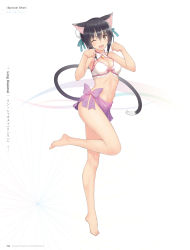 Rule 34 | 10s, 1girl, animal ears, bikini, bikini skirt, bikini top only, black hair, breasts, brown eyes, bun cover, cat ears, cat tail, cleavage, full body, highres, leg lift, long legs, medium breasts, non-web source, one eye closed, open mouth, paw pose, sarong, scan, scan artifacts, shaomei rin, shining (series), shining hearts, short hair, simple background, smile, solo, standing, standing on one leg, swimsuit, tail, tony taka, white background