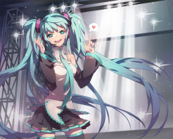 Rule 34 | 1girl, aqua eyes, aqua hair, btoor, detached sleeves, female focus, hatsune miku, headset, long hair, necktie, open mouth, skirt, solo, stage, thighhighs, twintails, very long hair, vocaloid