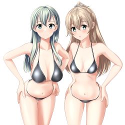 Rule 34 | 2girls, absurdres, bikini, black bikini, blue one-piece swimsuit, cowboy shot, green eyes, hair ornament, hairclip, hands on own hips, highres, kantai collection, kumano (kancolle), leaning forward, long hair, looking at viewer, multiple girls, one-piece swimsuit, silver hair, simple background, suzuya (kancolle), swimsuit, takafumi, umbrella, white background