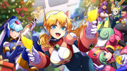 Rule 34 | 5girls, absurdres, alcohol, alia (mega man), android, artist name, blonde hair, blue eyes, blue hair, blurry, blurry background, blush, bodysuit, breasts, champagne, champagne bottle, christmas ornaments, christmas tree, commentary, cup, dark-skinned female, dark skin, dasoin, dual wielding, fishnets, gloves, green eyes, grey hair, headgear, headset, helmet, highres, holding, joints, layer (mega man), leaning forward, fairy leviathan (mega man), long hair, looking at viewer, marino (mega man), medium breasts, mega man (series), mega man x8, mega man x: command mission, mega man x (series), mega man x dive, mega man zero (series), multiple girls, open mouth, pallette (mega man), purple hair, robot joints, signature, simple background, skin tight, smile, teeth, upper teeth only