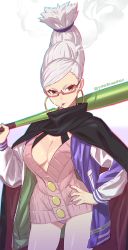 Rule 34 | 1girl, ayase seiko, baseball bat, beehive hairdo, black cloak, blue jacket, breasts, chromatic aberration, cigarette, cleavage, cloak, closed mouth, commentary, cowboy shot, dandadan, glasses, grey hair, hand on own hip, highres, holding, holding baseball bat, jacket, letterman jacket, long hair, looking to the side, medium breasts, mouth hold, multicolored clothes, multicolored jacket, nail polish, over shoulder, panties, panty peek, pink sweater, red-framed eyewear, red eyes, red nails, ribbed sweater, ayase seiko, semi-rimless eyewear, simple background, smoke, smoking, solo, standing, sweater, swept bangs, thighs, twitter username, two-sided fabric, two-sided jacket, two-tone jacket, underwear, v-shaped eyebrows, weapon, weapon over shoulder, white background, white jacket, white panties, yonezawa mao