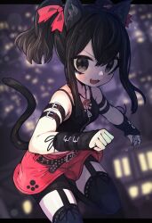 Rule 34 | 1girl, animal ear fluff, animal ears, belt, black belt, black eyes, black hair, black thighhighs, blush, breasts, cat ears, cat girl, cat tail, collarbone, commentary, fang, garter straps, hair between eyes, hair ribbon, highres, ketopon, long hair, looking at viewer, open mouth, original, paw pendant, pink ribbon, ribbon, short hair with long locks, sidelocks, slit pupils, small breasts, solo, symbol-only commentary, tail, thighhighs, twintails, zipper pull tab