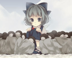 Rule 34 | 1girl, animal, bad id, bad pixiv id, bird, blue eyes, blue hair, bow, cirno, dress, hair bow, maki (natoriumu), mary janes, matching hair/eyes, penguin, perfect cherry blossom, shoes, short hair, snow, solo, squatting, touhou, wings, winter