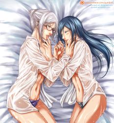 Rule 34 | 2girls, black hair, from above, glasses, gumbat, kurihara mari (prison school), lips, looking at another, lying, multiple girls, navel, nervous sweating, on bed, on side, open clothes, open shirt, panties, prison school, see-through, shiraki meiko, sweat, thighs, underwear, very sweaty, wet, wet clothes, white hair, wife and wife, yuri